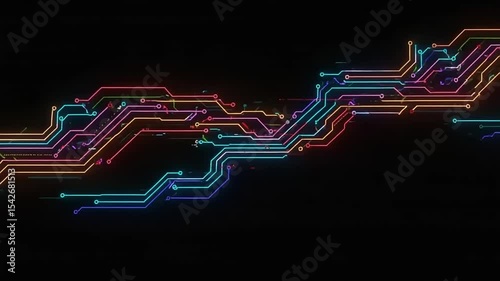 Colorful abstract circuit patterns with neon lines on a black background, representing technology and innovation