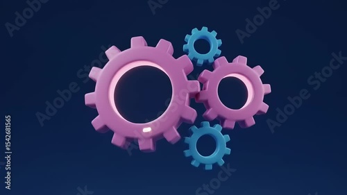 Colorful 3D gears in motion, symbolizing industry and innovation against a dark blue background