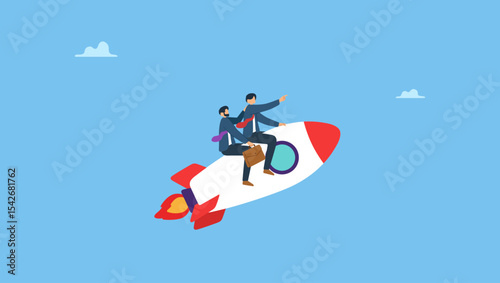 Business partner riding rocket to success together. Co-founder to start company, partnership or teamwork to success together, cooperation or collaboration colleagues, agreement and trust.