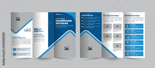 Hospital and Healthcare Services Tri-Fold Brochure Design, a clean, professional medical or clinic promotion brochure template ideal for hospitals, healthcare centers, and medical services.