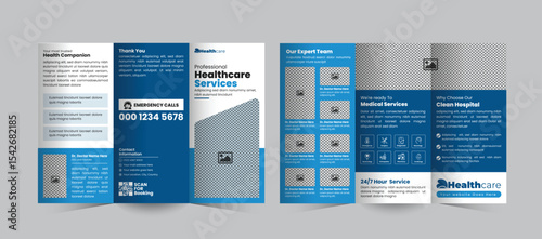 Hospital and Healthcare Services Tri-Fold Brochure Design, a clean, professional medical or clinic promotion brochure template ideal for hospitals, healthcare centers, and medical services.