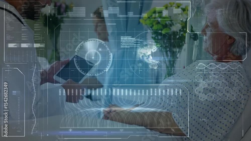 Doctor tapping tablet, swiping patient data, causing 3D medical overlay updating vitals for checkup