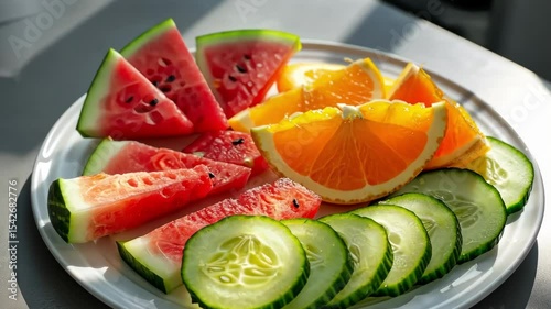 Fresh Watermelon Orange and Cucumber Slices on Plate Dolly Shot
