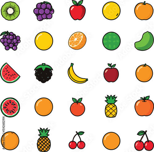 Set of cartoon fruits collection with leaves and stems