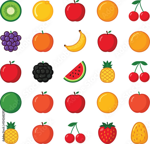 Set of cartoon fruits collection with leaves and stems