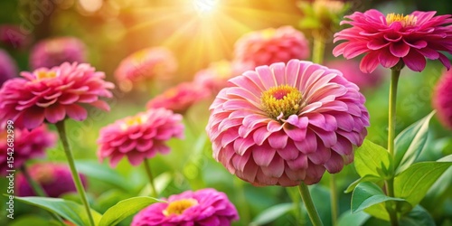 Vibrant Pink Zinnia Flowers Basking in Golden Sunlight, a Delightful Summer Garden Scene