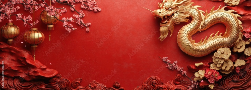 Fototapeta premium Vibrant red and gold Chinese New Year banner showcasing traditional elements and festive decorations