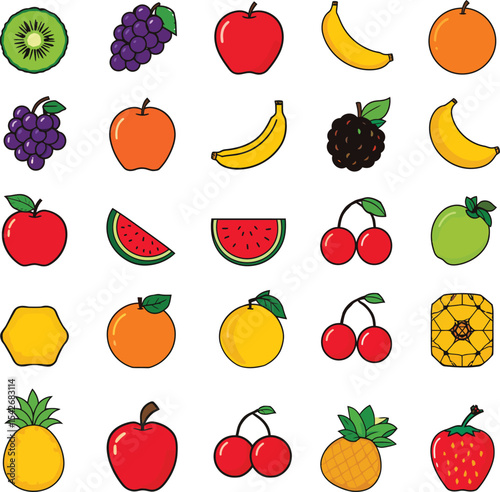 Set of cartoon fruits collection with leaves and stems