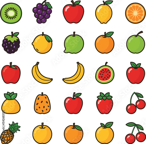 Set of cartoon fruits collection with leaves and stems