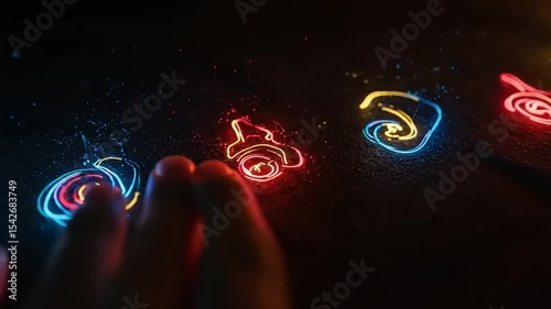 Colorful light patterns swirl around a hand, creating a magical effect against a dark background