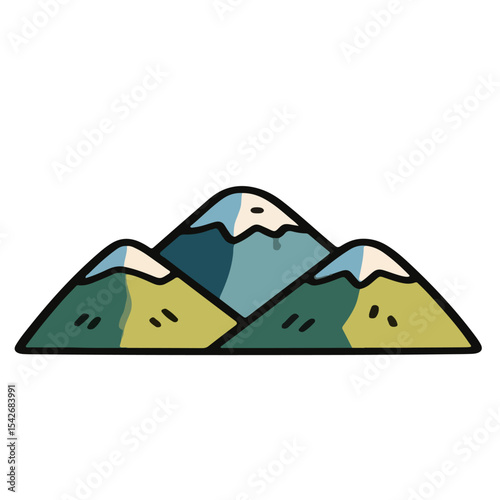 Cartoon Mountains with Snowcaps and Green Slopes Simple Illustration.