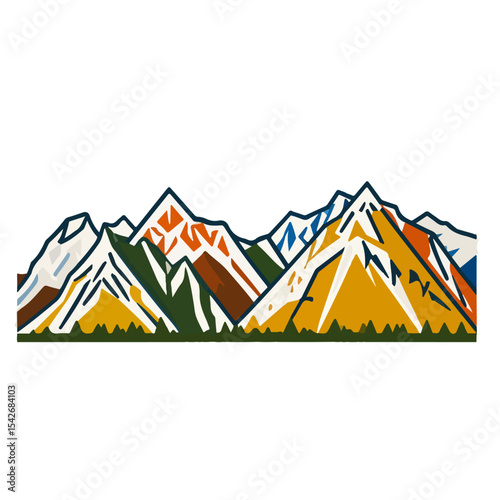 Stylized Mountain Range Illustration with Bold Colors and Simplified Shapes.