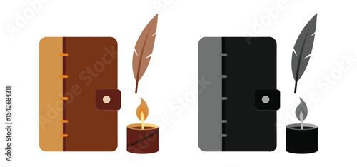 Vector illustration depicting a brown and black notebook quill candle with a minimalist flat style design