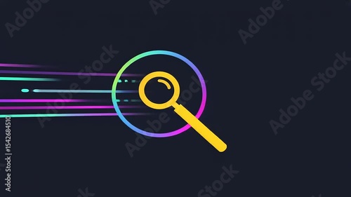 Colorful magnifying glass illustration symbolizing search and discovery on a dark background