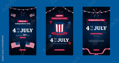 Flat instagram stories collection for American 4th of july holiday celebration