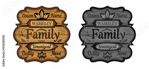 Two vintage style wooden family name signs with decorative leaf and floral design elements isolated on white background.