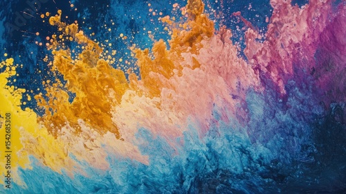 Vibrant close-up of a colorful powder explosion with shades of pink, blue, yellow, and orange against a gradient background