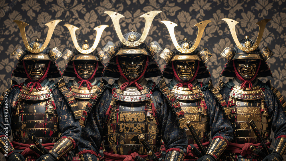 Fototapeta premium Group of Traditional Japanese Samurai Warriors in Ornate Armor 