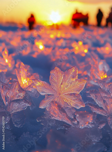 Under the vibrant sunset sky, wide, endless sheets of white snow spread out, shimmering with soft pinks and warm oranges, creating a serene winter landscape.
