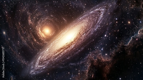 View of the Milky Way merging with the Andromeda Galaxy in deep space. This realistic photorealistic depiction captures the beauty of the spiral galaxies set against the vast interstellar backdrop