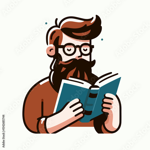 vector illustration of bearded man reading a book