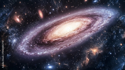 View of the Milky Way merging with the Andromeda Galaxy in deep space. This realistic photorealistic depiction captures the beauty of the spiral galaxies set against the vast interstellar backdrop