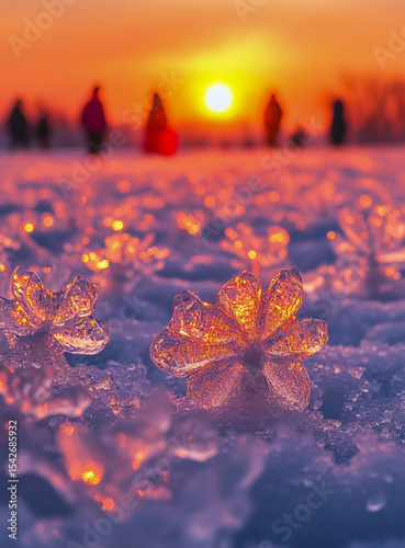 Under the vibrant sunset sky, wide, endless sheets of white snow spread out, shimmering with soft pinks and warm oranges, creating a serene winter landscape.