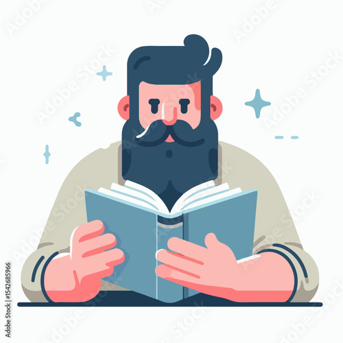 vector illustration of bearded man reading a book