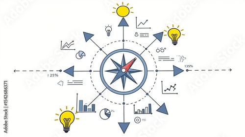 Compass graphic illustrating data analysis and growth trends with light bulb idea in background