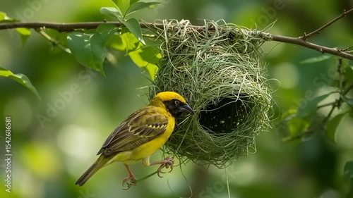 Yellow bird near nest in a tree