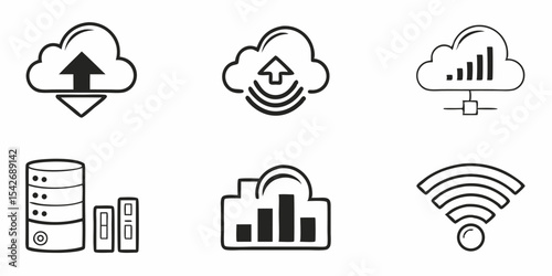 Black silhouette illustration of data charts, cloud computing, wifi signals, and database icons in a black and white design