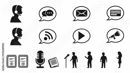 Black silhouette collection of communication icons including web browser globe speech bubble and megaphone in black outline