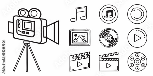 Black silhouette illustration of film camera, music note, picture frame, and other multimedia related symbols artfully arranged