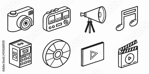 Black silhouette isometric outline icons of camera recorder megaphone music note calculator disc video and clapperboard