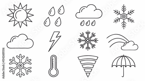 Black silhouette illustration of various weather icons including sun, rain, cloud, snowflake, lightning and umbrella symbols