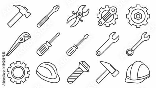 Black silhouette illustration showing various tools and safety equipment including wrenches screwdrivers and hard hats line art
