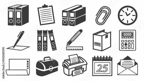 Black silhouette illustration of office supplies including binders folders pens clock calendar and printer in black and white