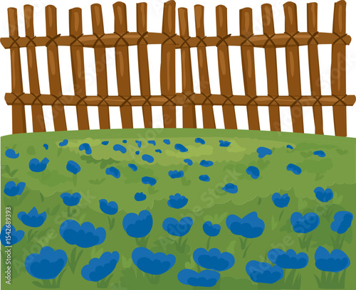 leaning fence with blue flowers vector icon for outdoor landscape, gardening or countryside scenery
