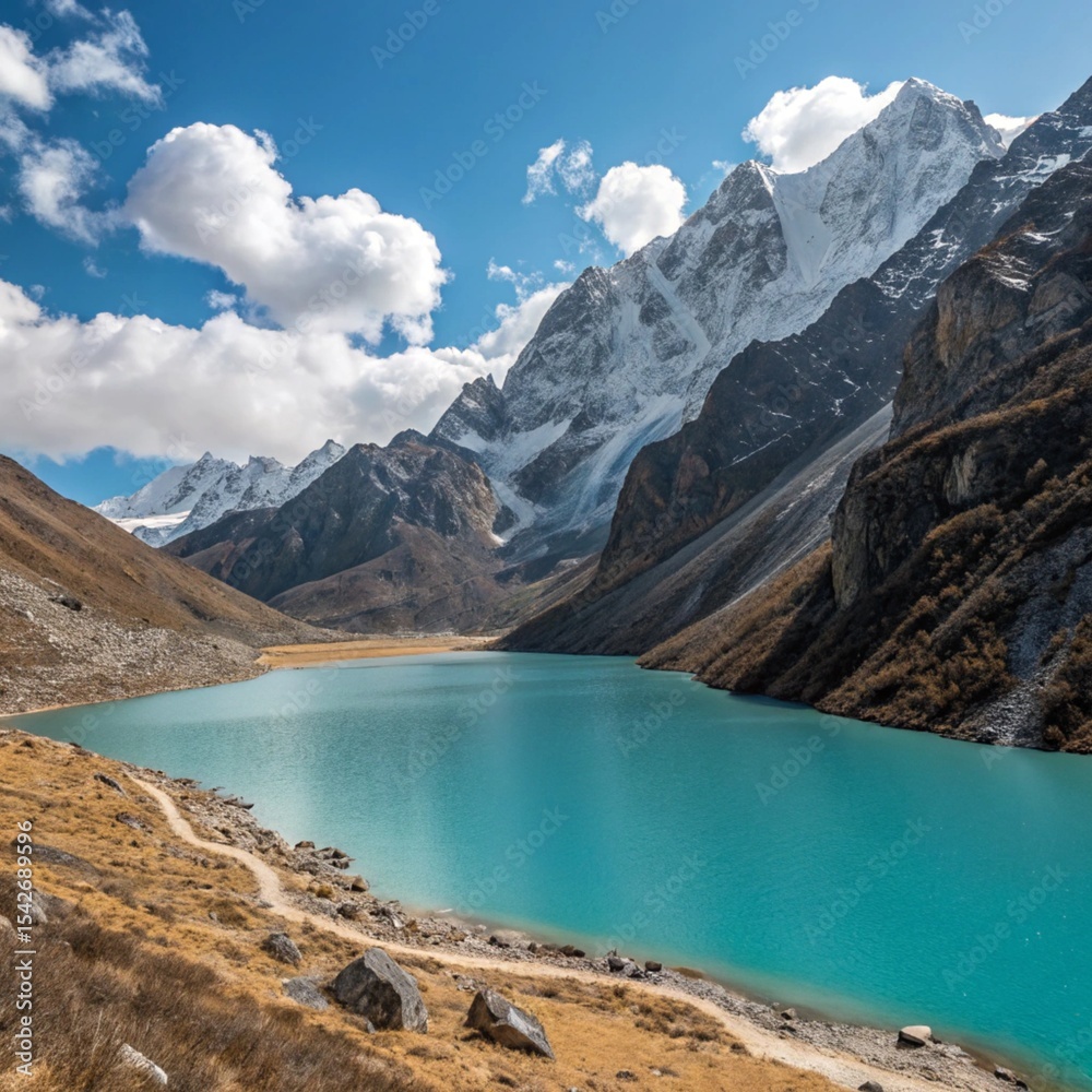 Fototapeta premium Stunning Turquoise Alpine Lake Surrounded by Majestic Snow Capped Mountains and Hiking Trail