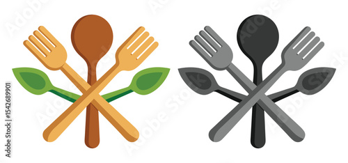 Vector illustration of crossed spoons forks and leaf-shaped items for food and cooking design elements.