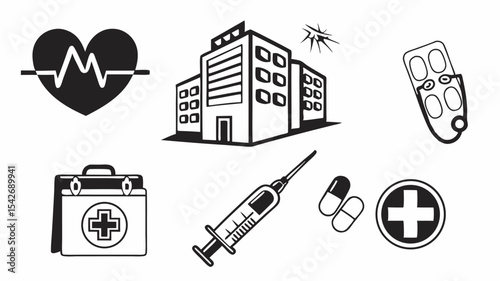 Black silhouette illustration of various weather elements including sun, clouds, rain, snow, lightning, and nature icons