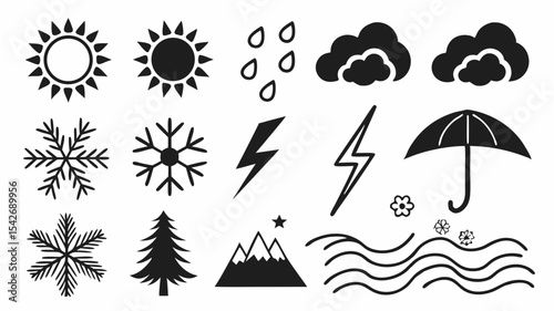 Black silhouette collection of weather and nature icons including sun, clouds, rain, wind, mountain, snow and more icons