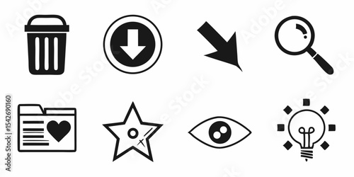 Black silhouette illustration of various interface icons including trash can heart arrows folder and light bulb in black
