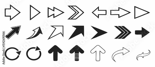 Black silhouette illustration of a bow and arrow along with several different arrow designs on a white background