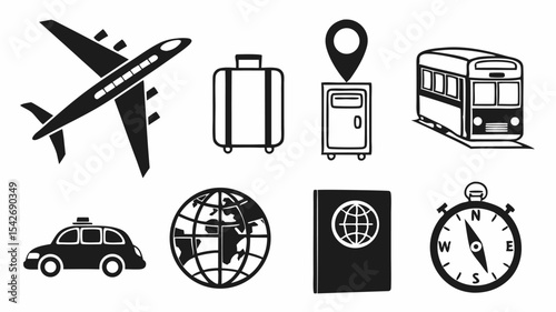 Black silhouette illustration featuring globe icons, magnifying glasses with www, and a chain link on a white background