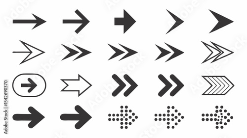 Black silhouette collection of fifteen assorted arrow designs pointing in various directions on a white background view