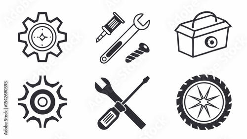 Black silhouette illustration of various tools including a gear, screwdriver, caliper, toolbox and hammer on white