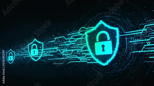 Digital security concept with glowing shields and padlocks representing data protection in cyberspace
