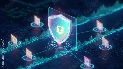Digital security network with shield icon, connected nodes representing data protection and privacy