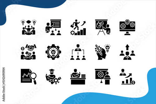 Business Learning icon set with Workshop, Course, Career, Presentation, Information System, Negotiation.	